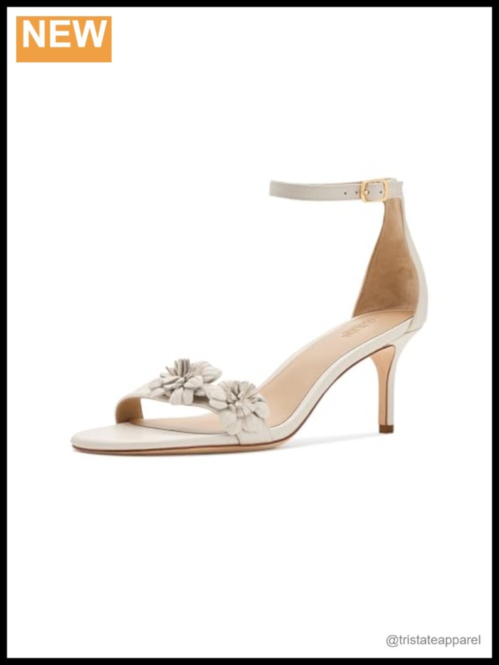 Leather Heeled Sandals with Floral Trim, Ankle Strap, Stiletto Heel